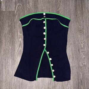 Navy Front Button Bustier Top with Green Trim and Buttons